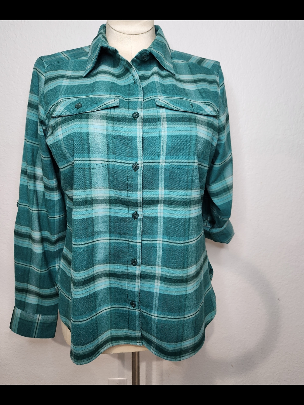 Columbia Womens Teal Plaid Button-Up Shirt Blouse